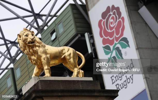 The Golden Lion statue prior to the NatWest Six Nations match between England and Ireland at Twickenham Stadium on March 17, 2018 in London, England.