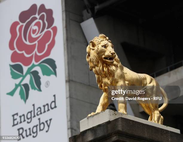 The Golden Lion statue prior to the NatWest Six Nations match between England and Ireland at Twickenham Stadium on March 17, 2018 in London, England.