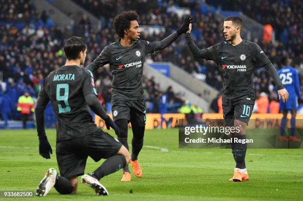 Alvaro Morata of Chelsea celebrates as he scores their first goal with Willian and Eden Hazard during The Emirates FA Cup Quarter Final match between...