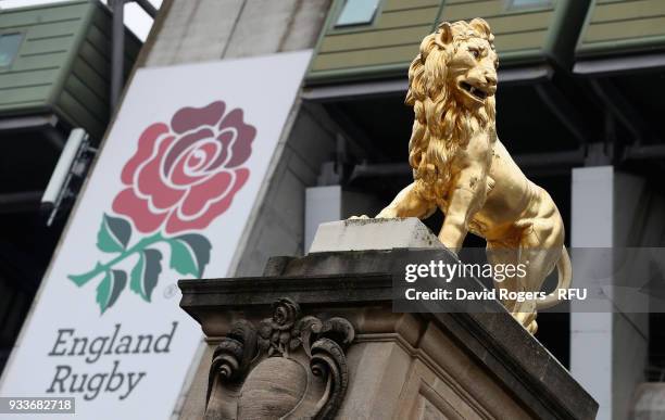 The Golden Lion statue prior to the NatWest Six Nations match between England and Ireland at Twickenham Stadium on March 17, 2018 in London, England.