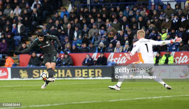 Alvaro Morata of Chelsea scores past Kasper Schmeichel of Leicester City to make it 0-1 during The Emirates FA Cup Quarter Final tie between...