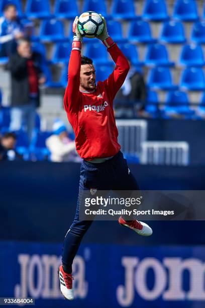 Sergio Rico of Sevilla warms up prior to the La Liga match between Leganes and Sevilla at Estadio Municipal de Butarque on March 18, 2018 in Leganes,...