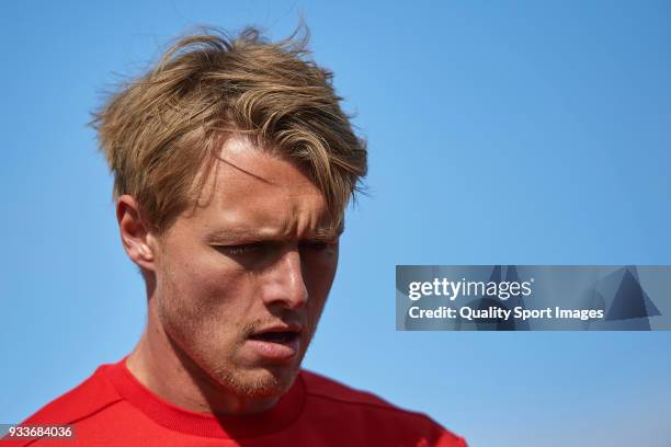 Simon Kjaer of Sevilla warms up prior to the La Liga match between Leganes and Sevilla at Estadio Municipal de Butarque on March 18, 2018 in Leganes,...