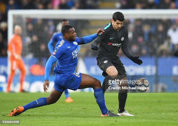 Alvaro Morata of Chelsea is tackled by Wes Morgan of Leicester City during The Emirates FA Cup Quarter Final match between Leicester City and Chelsea...