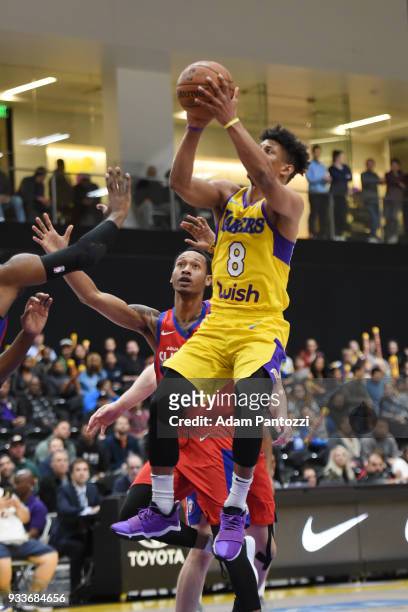 Scott Machado of the South Bay Lakers shoots the ball against against the Agua Caliente Clippers during an NBA G-League game on March 15, 2018 at...