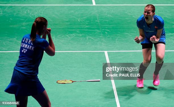 Denmark's Christinna Pedersen and Denmark's Kamilla Rytter Juhl celebrates beating Japan's Yuki Fukushima and Japan's Sayaka Hirota during the...