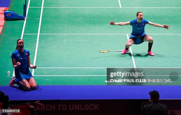 Denmark's Christinna Pedersen and Denmark's Kamilla Rytter Juhl celebrates beating Japan's Yuki Fukushima and Japan's Sayaka Hirota during the...