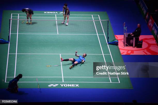 Kamilla Rytter Juhl and Christinna Pedersen of Denmark celebrate after beating Yuki Fukushima and Sayaka Hirota of Japan in the women's single final...