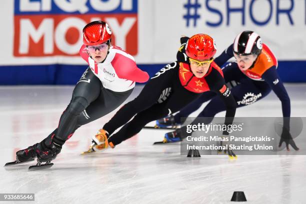 Kim Boutin of Canada leads the group in the women's 1000 meter quarterfinals during the World Short Track Speed Skating Championships at Maurice...