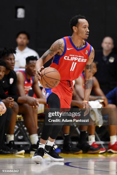 Avery Bradley of the LA Clippers handles the ball against South Bay Lakers during an NBA G-League game on March 15, 2018 at UCLA Heath Training...