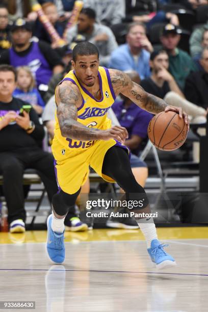 Gary Payton II of the South Bay Lakers handles the ball against the Agua Caliente Clippers during an NBA G-League game on March 15, 2018 at UCLA...