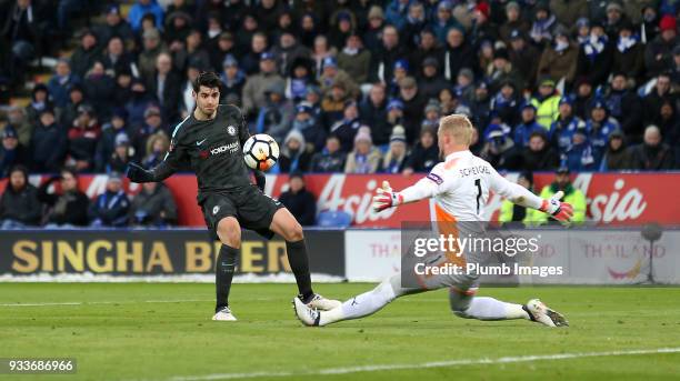 Alvaro Morata of Chelsea scores past Kasper Schmeichel of Leicester City to make it 0-1 during The Emirates FA Cup Quarter Final tie between...