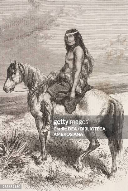 Kamilo on horseback, a Patagonian Cacique, illustration from the magazine The Illustrated London News, volume LV, November 20, 1869.