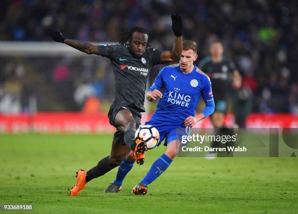 Victor Moses of Chelsea takes on Marc Albrighton of Leicester City during The Emirates FA Cup Quarter Final match between Leicester City and Chelsea...