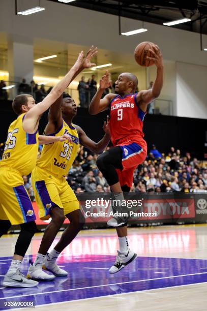 Williams of the Agua Caliente Clippers handles the ball against the South Bay Lakers during an NBA G-League game on March 15, 2018 at UCLA Heath...