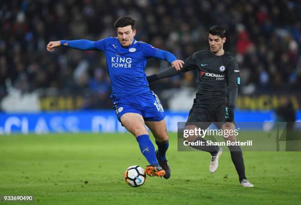 Harry Maguire of Leicester City evades Alvaro Morata of Chelsea during The Emirates FA Cup Quarter Final match between Leicester City and Chelsea at...