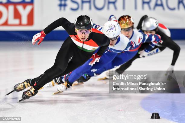 Shaolin Sandor Liu of Hungary takes the lead in the men's 1000 meter quarterfinals during the World Short Track Speed Skating Championships at...