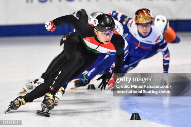 Shaolin Sandor Liu of Hungary takes the lead in the men's 1000 meter quarterfinals during the World Short Track Speed Skating Championships at...