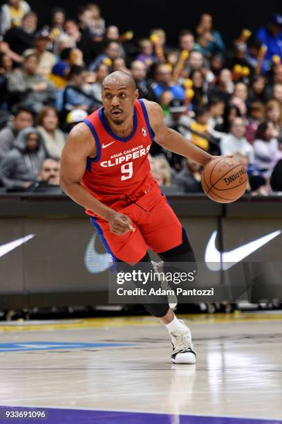 Williams of the Agua Caliente Clippers handles the ball against the South Bay Lakers during an NBA G-League game on March 15, 2018 at UCLA Heath...