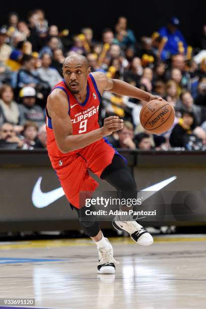 Williams of the Agua Caliente Clippers handles the ball against the South Bay Lakers during an NBA G-League game on March 15, 2018 at UCLA Heath...