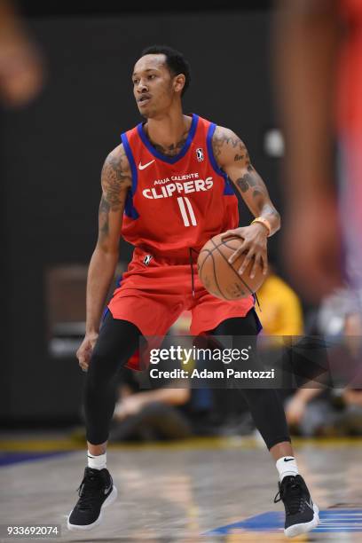 Avery Bradley of the LA Clippers handles the ball against South Bay Lakers during an NBA G-League game on March 15, 2018 at UCLA Heath Training...