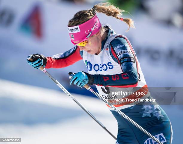 Jessica Diggins of USA during Ladies 10.0 km Pursuit Free at Lugnet Stadium on March 18, 2018 in Falun, Sweden.