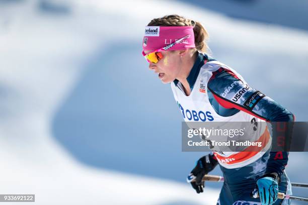 Jessica Diggins of USA during Ladies 10.0 km Pursuit Free at Lugnet Stadium on March 18, 2018 in Falun, Sweden.