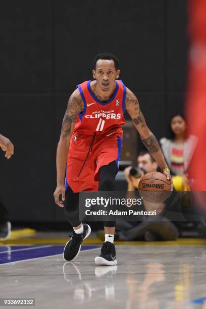 Avery Bradley of the LA Clippers handles the ball against South Bay Lakers during an NBA G-League game on March 15, 2018 at UCLA Heath Training...