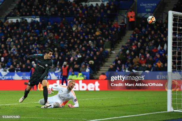 Alvaro Morata of Chelsea hits the crossbar during the Emirates FA Cup Quarter Final match between Leicester City and Chelsea at The King Power...