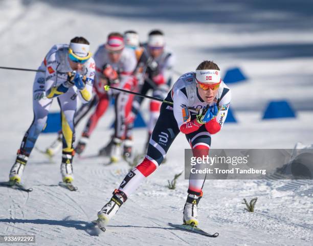 Ragnhild Haga of Norway during Ladies 10.0 km Pursuit Free at Lugnet Stadium on March 18, 2018 in Falun, Sweden.