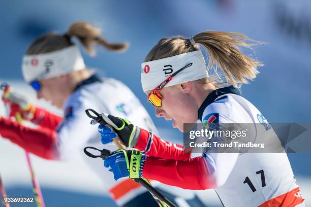 Ragnhild Haga of Norway during Ladies 10.0 km Pursuit Free at Lugnet Stadium on March 18, 2018 in Falun, Sweden.