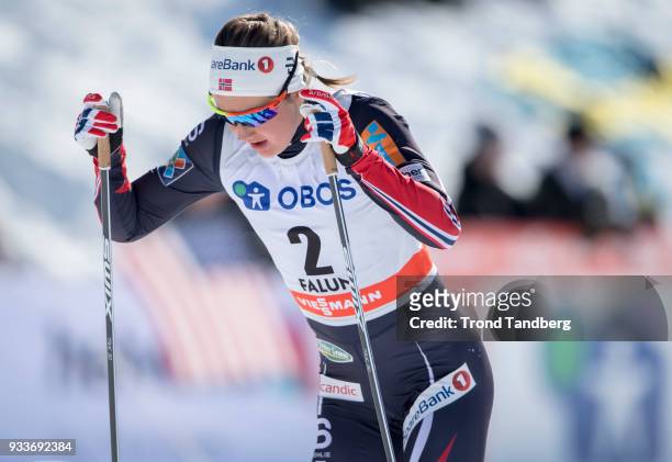 Ingvild Flugstad Oestberg of Norway during Ladies 10.0 km Pursuit Free at Lugnet Stadium on March 18, 2018 in Falun, Sweden.