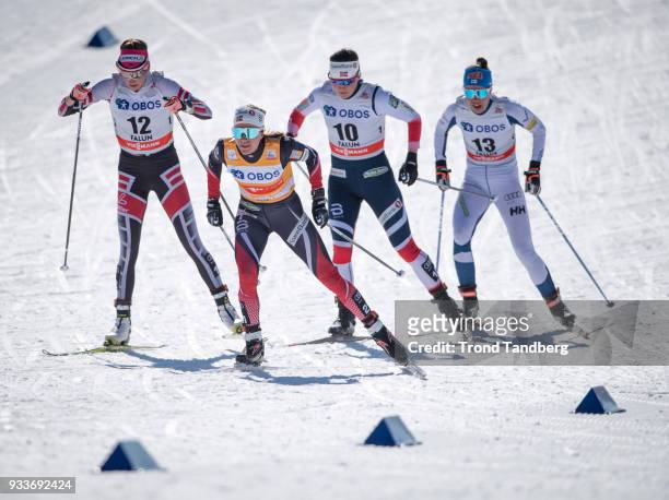 Heidi Weng, Tiril Udnes Weng of Norway during Ladies 10.0 km Pursuit Free at Lugnet Stadium on March 18, 2018 in Falun, Sweden.