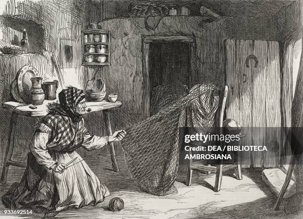 Woman making a fishing net in the Claddagh, Galway, Ireland, illustration from the magazine The Illustrated London News, volume LVI, June 4, 1870.