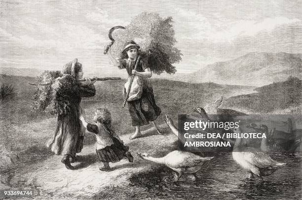 An attack, two girls with hay, a little girl and geese, engraving from a painting by John William Bottomley , illustration from the magazine The...