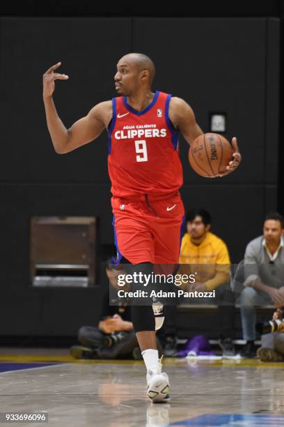 Williams of the Agua Caliente Clippers handles the ball against the South Bay Lakers during an NBA G-League game on March 15, 2018 at UCLA Heath...