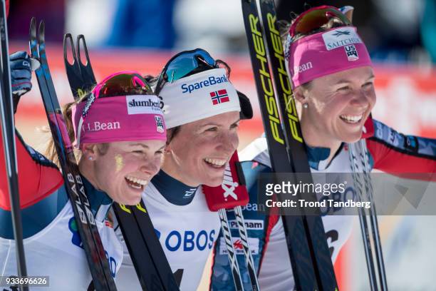 Marit Bjoergen of Norway, Jessica Diggins of USA, Sadie Bjornsen of USA after Ladies 10.0 km Pursuit Free at Lugnet Stadium on March 18, 2018 in...
