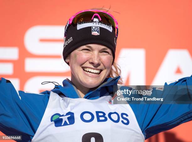 Jessica Diggins of USA after Ladies 10.0 km Pursuit Free at Lugnet Stadium on March 18, 2018 in Falun, Sweden.