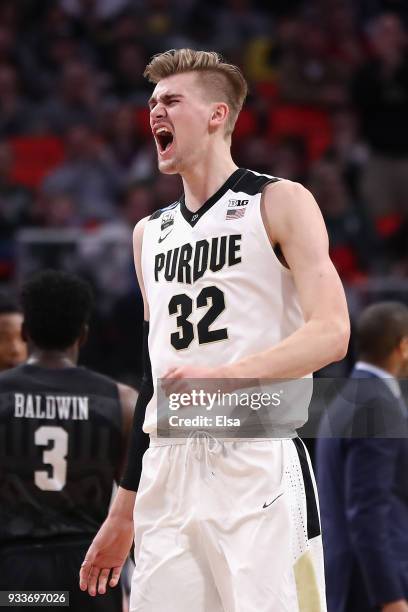 Matt Haarms of the Purdue Boilermakers reacts during the second half against the Butler Bulldogs in the second round of the 2018 NCAA Men's...