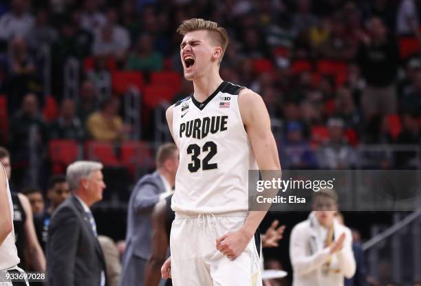 Matt Haarms of the Purdue Boilermakers reacts during the second half against the Butler Bulldogs in the second round of the 2018 NCAA Men's...