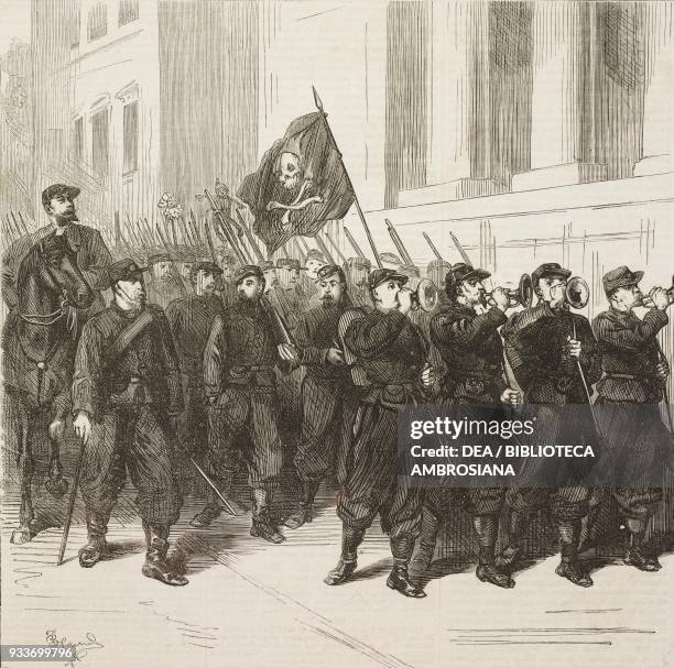Battalion of francs-tireurs passing through Tours, France, Franco-Prussian War, illustration from the magazine The Illustrated London News, volume...