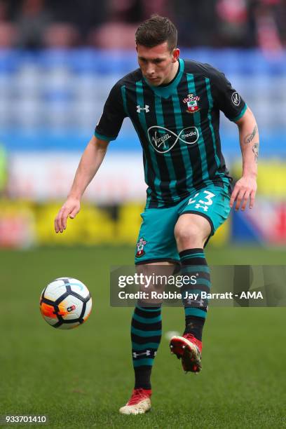 Pieree-Emile Hojbjerg of Southampton during The Emirates FA Cup Quarter Final match at DW Stadium on March 18, 2018 in Wigan, England.