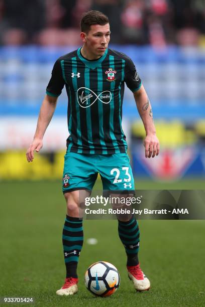 Pieree-Emile Hojbjerg of Southampton during The Emirates FA Cup Quarter Final match at DW Stadium on March 18, 2018 in Wigan, England.