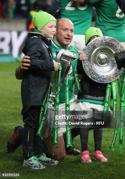 Rory Best, the Ireland captain celebrates with his children after their Grand Slam victory during the NatWest Six Nations match between England and...