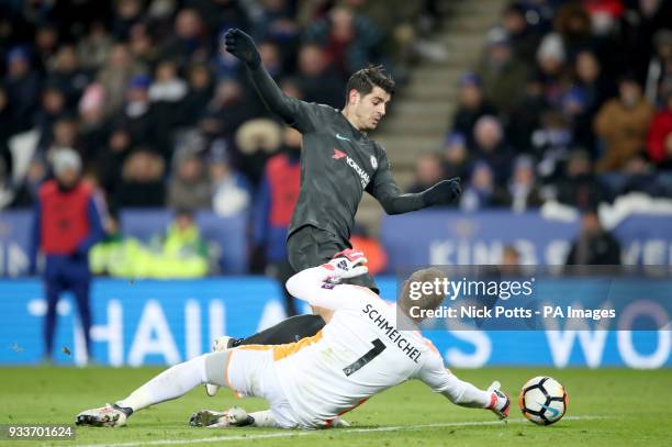 Chelsea's Alvaro Morata and Leicester City goalkeeper Kasper Schmeichel during the Emirates FA Cup, quarter final match at the King Power Stadium,...