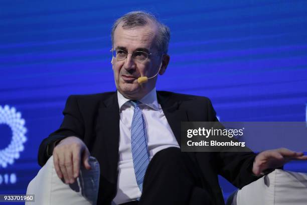 Francois Villeroy de Galhau, governor of the Bank of France, speaks during the Institute of International Finance G20 Conference in Buenos Aires,...