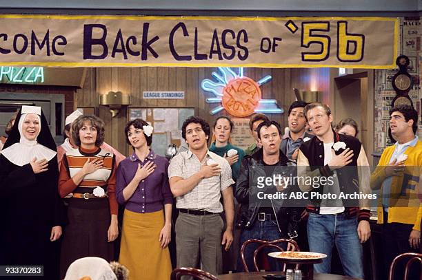 Nun's Story" - season 1 - 2/24/76, Crazy friend, Anne Marie, has become a nun. Pictured: Penny Marshall, Cindy Williams, Eddie Mecca, David L. Lander...