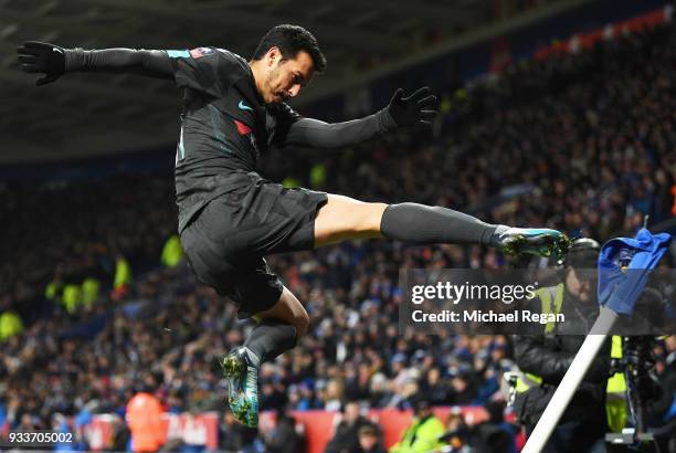 Pedro of Chelsea kicks the corner flag as he celebrates scoring their second goal during The Emirates FA Cup Quarter Final match between Leicester...