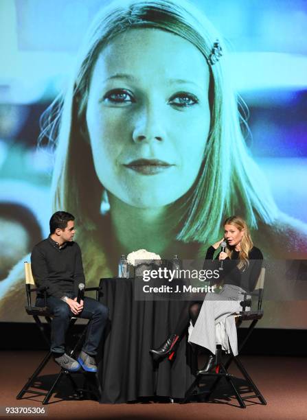 Actress Gwyneth Paltrow and moderator Dave Karger attend the 2018 Sun Valley Film Festival - Coffee Talk with Gwyneth Paltrow on March 18, 2018 in...