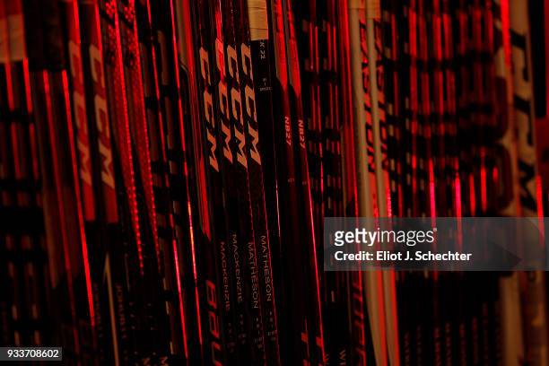 The Florida Panthers rack of sticks at the ready while they host the Boston Bruins at the BB&T Center on March 15, 2018 in Sunrise, Florida.